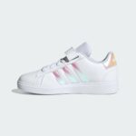 adidas Grand Court 2.0 Elastic Lace Sneaker, White/Iridescent/White, 1.5 US Unisex Little Kid