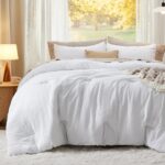 Bedsure Queen Size Comforter Sets, White Soft Prewashed Bed Comforter for All Seasons, 3 Pieces Warm Bedding Sets, 1 Lightweight Comforter (90″x90″) and 2 Pillowcases (20″x26″)