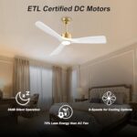 OFANTOP 52 Inch ETL Listed Indoor Outdoor Smart Ceiling Fans with Lights Remote Control, Quiet DC Motor 3 Blade Modern White Gold Ceiling Fan for Bedroom Living Room Patio