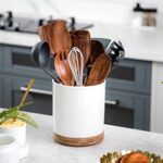 Nucookery 360° Rotating Utensil Holder, 7.2″ Large Utensil Crock, White Ceramic Cooking Utensil Organizer with Countertop-Protection Cork Bottom for Farmhouse Kitchen Decor Gift (White)